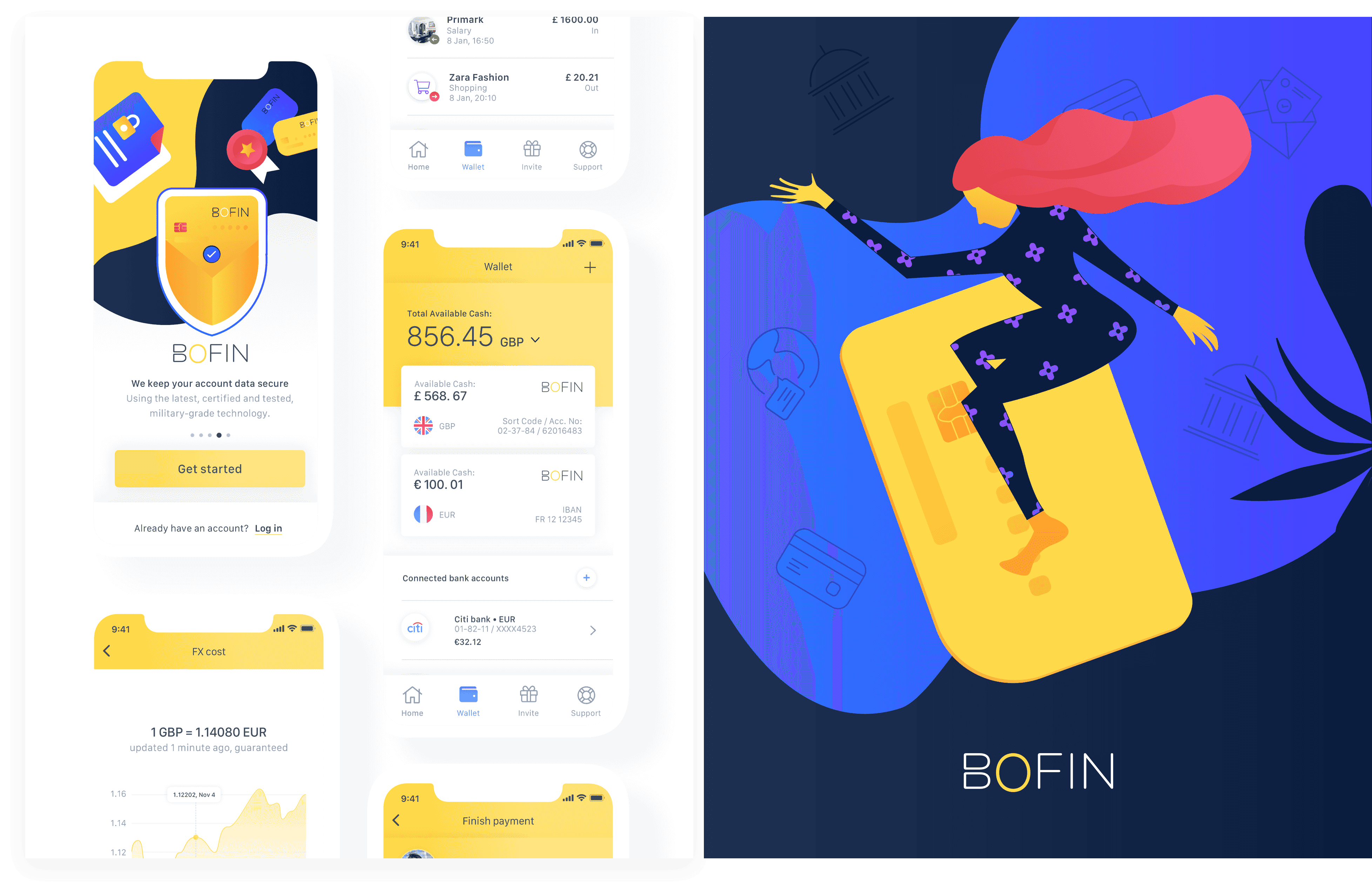 Appdesign og illustrasjon av fintech-app side om side.