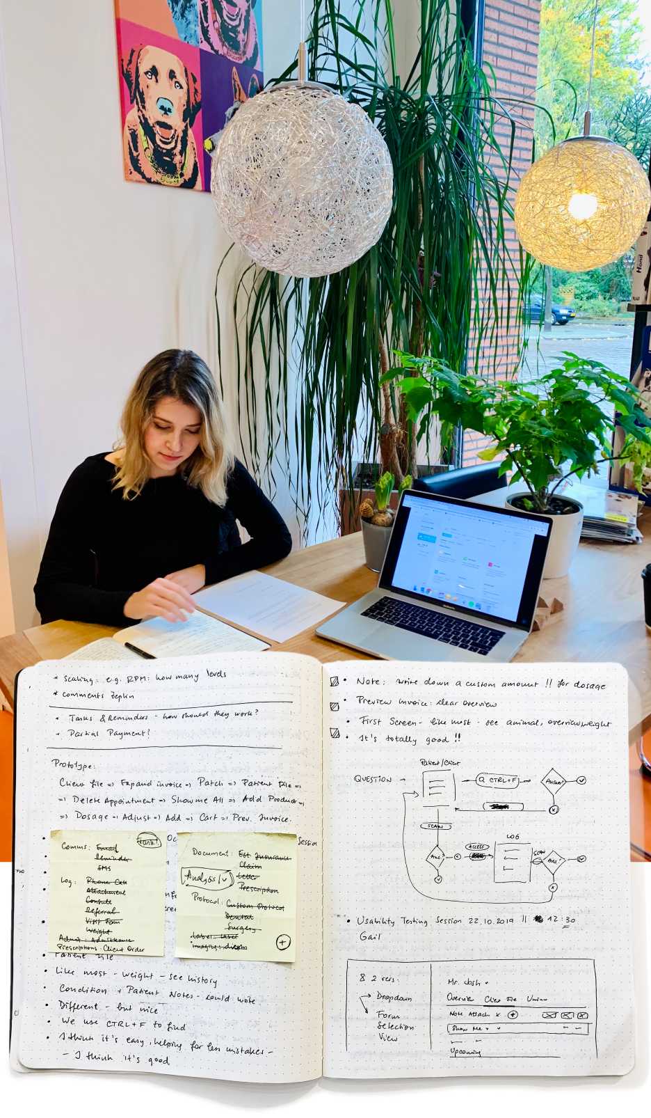 Montasje av UX-researcher på kafé i Norge og notater tatt på brukerundersøkelsestur