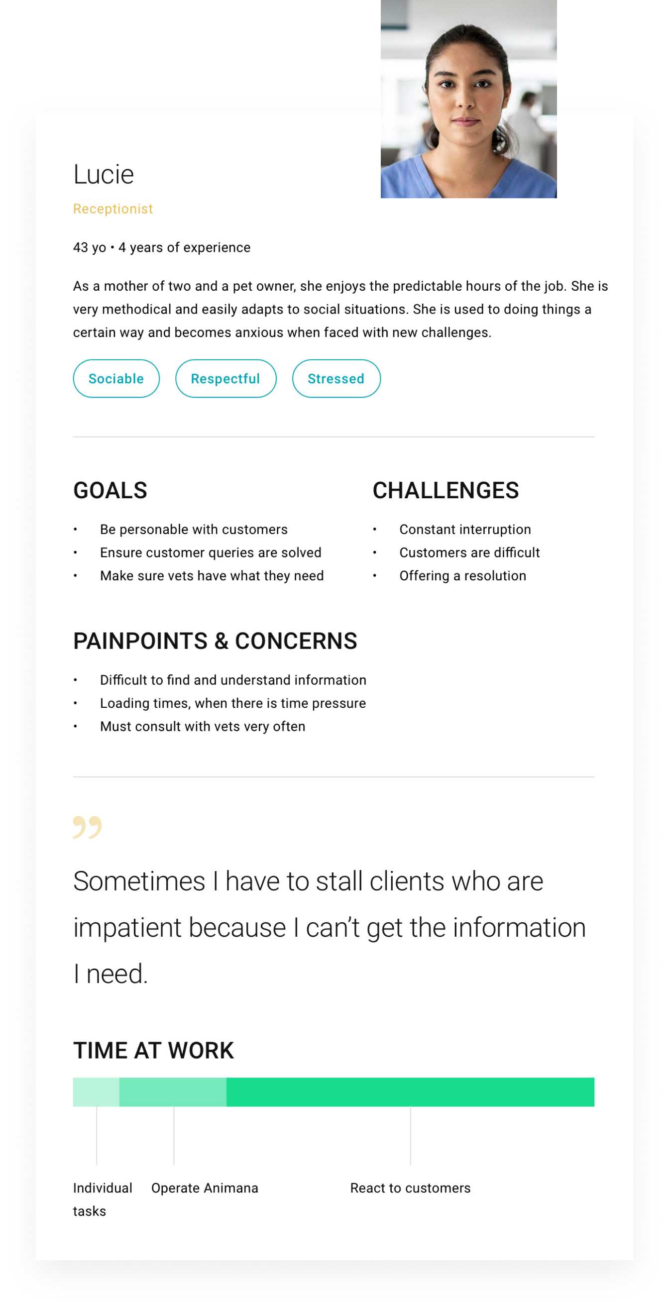 Diagram over brukerens persona med mål, utfordringer og bekymringer