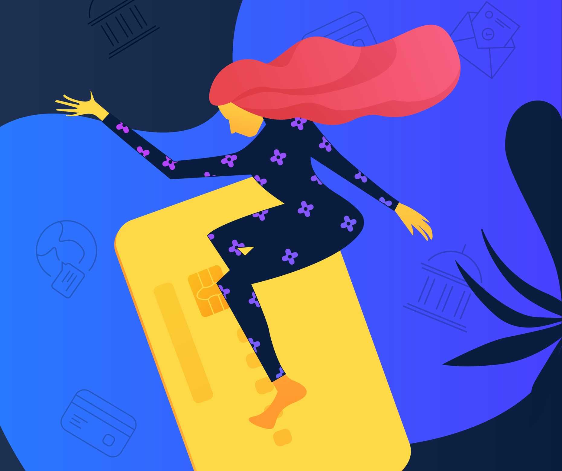Illustrasjon for brukergrensesnitt for mobilapp med en kvinne som surfer med kredittkort