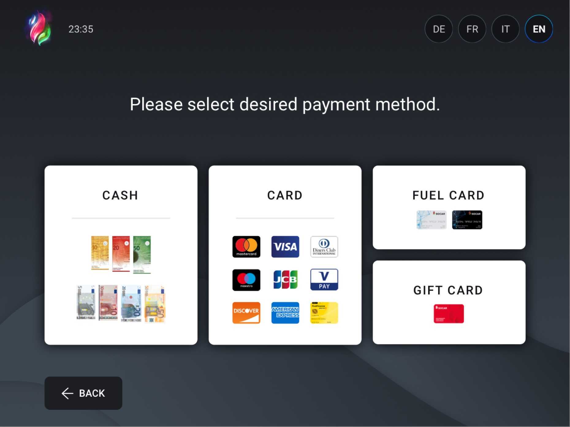 Brukergrensesnittdesign for et innebygd system der brukerne velger betalingsmåte i selvbetjente kasser
