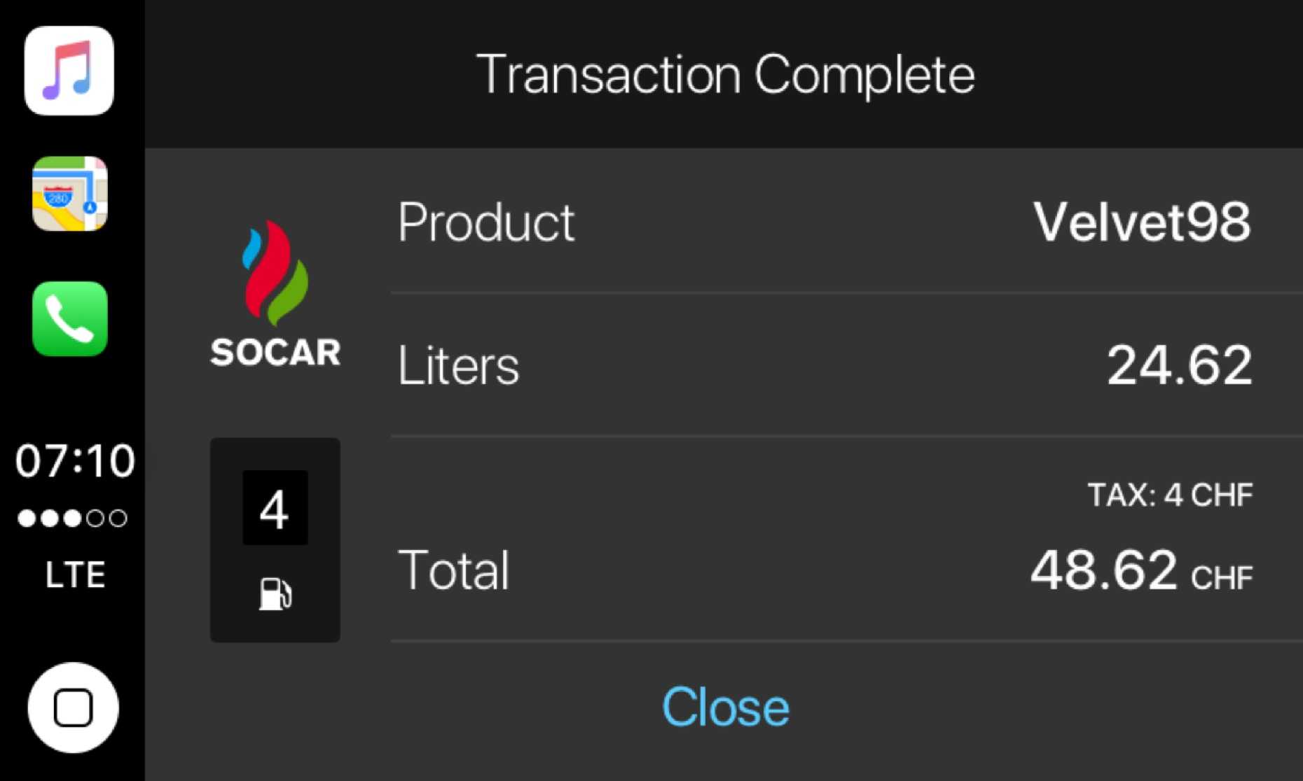 Ui-design for transaksjonssuksess-skjerm i car play-app for bensinstasjon