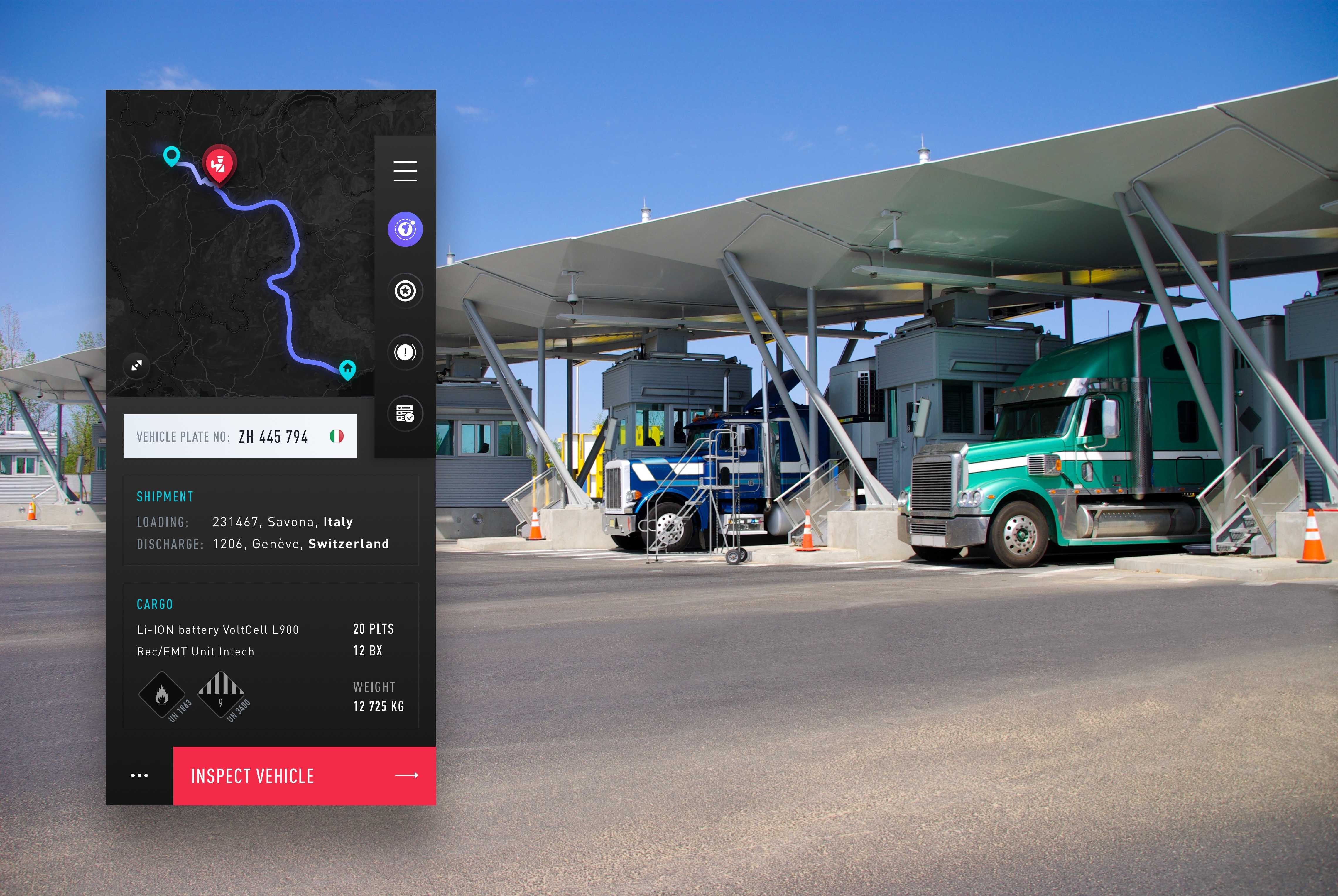 UI Design av etterretningsapplikasjon ved grenseovergang med lastebiler som venter i bakgrunnen